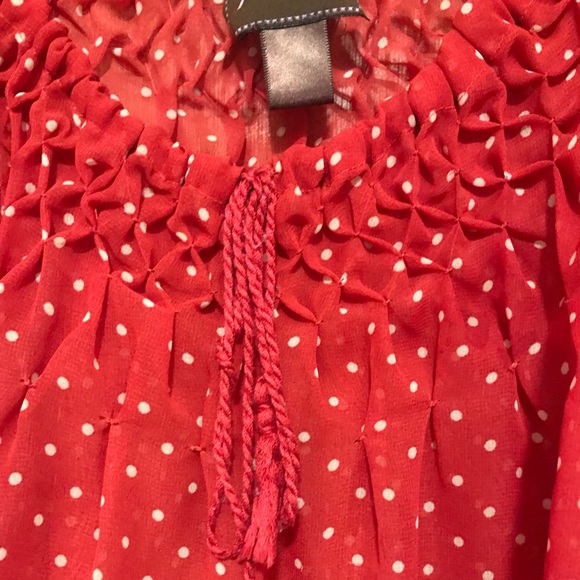 Trulli Women's Chiffon Sheer Boho Blouse, Rich Red White Polka Dots, Size Large - Picture 5 of 7